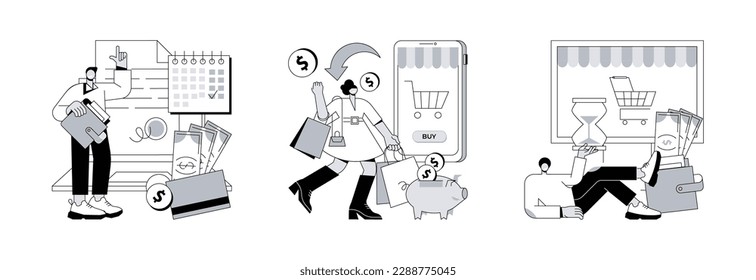 Making online purchase abstract concept vector illustration set. Prepayment terms, cashback service, pending payment, pay in advance, extra cash rebate, order in process, check out abstract metaphor.