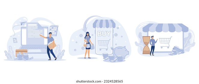 Making online purchase concept, Prepayment terms, cashback service, pending payment, pay in advance, extra cash rebate, order in process, set flat vector modern illustration