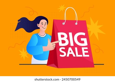 Making online shopping. Big Sale poster. woman and shopping bags. young beautiful fashion shopper girl. web templates, flat design vector. Online shopping concept outline illustration.
