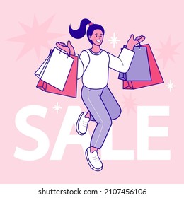 Making online shopping. Sale poster. woman and shopping bags. young beautiful fashion shopper girl. web templates, flat design vector. Online shopping concept outline illustration.