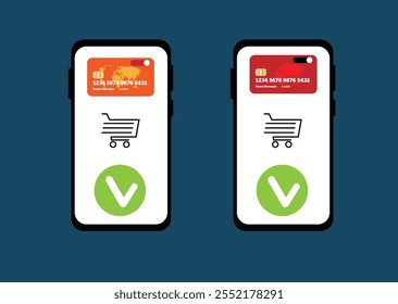 Fazendo uma compra na loja online com cartão no Smartphone. Equipamento digital e realização de uma arte vetorial de compra