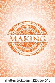 Making orange tile background illustration. Square geometric mosaic seamless pattern with emblem inside.