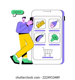 Hacer orden las ilustraciones de vectores de dibujos animados aislados en línea. Joven sosteniendo el teléfono en las manos y comprando comida en línea, compras de comestibles a través de internet, servicio de recogida de curvas de seguridad, dibujos vectoriales.