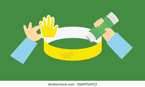 Fazendo um ofício de papel na forma de um círculo de uma fita e uma mão. Ilustração vetorial.