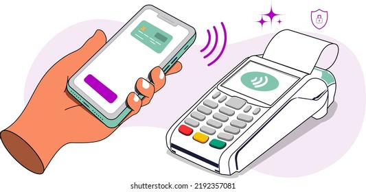 Making payment at store for point of sale ( POS ) concept vector illustration using NFC technology with smart phone banking app. can use for, landing page, template, ui, web, mobile app, poster