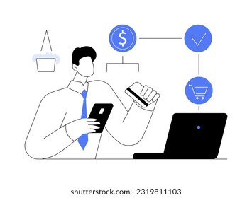 Making payments online abstract concept vector illustration. Smiling man with smartphone and credit card and laptop buying goods from home, commercial bank, corporate banking abstract metaphor.