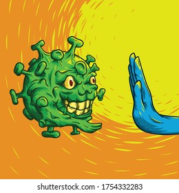 Making peace with coronavirus? Illustration the coronavirus monster is asking human to do handshake for peace. 