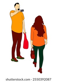 Making photo and camera concept. Young man standing and making photo of his girlfriend on smartphone. Flat cartoon style art.