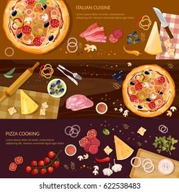 Making pizza, fresh ingredients for pizza vector. Pizza on wooden table top view banner 