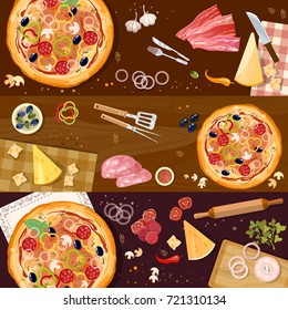 Making pizza, fresh ingredients for pizza vector. Pizza on wooden table top view banner vector 