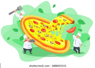 Making pizza illustration with tiny chefs on the kitchen