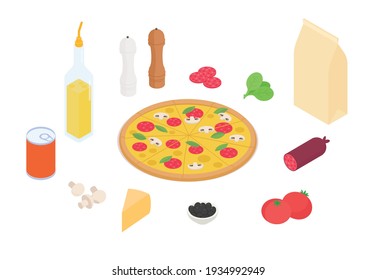 Making pizza set. Isometric vector illustration in flat design. 