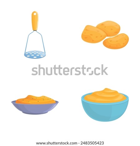Making potato icons set cartoon vector. Process of making mashed potato. Food concept