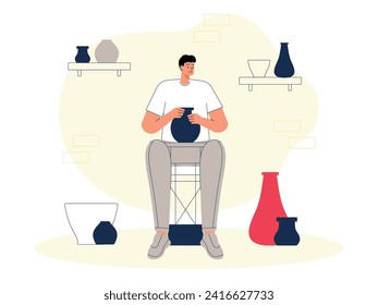Making pottery from clay by hand, craft vector illustration.