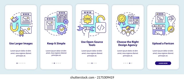 Making professional website onboarding mobile app screen. Simplicity walkthrough 5 steps editable graphic instructions with linear concepts. UI, UX, GUI template. Myriad Pro-Bold, Regular fonts used