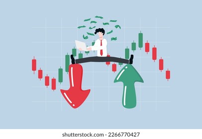 Making profit from both rising and falling markets, skillful analysis of market trends, professional investment concept, Smart businessman making money from trading on both up and down arrows. 