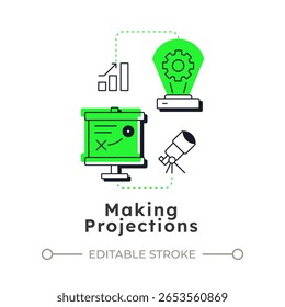 Fazendo projeções ícone conceito linear moderno. Requisitos futuros. Etapa nos processos de gerenciamento de capacidade. Elementos de contorno plano conectados com linhas pontilhadas. Visual criativo. Fácil de editar