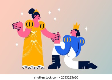 Making proposal and engagement concept. Young man prince in crown sitting on knee making proposal to princess in yellow dress vector illustration 