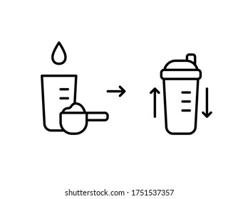 Making protein whey cocktail. Scheme to get finished drink from dry powder. Line art package design. Contour isolated vector illustration for sports food, milk shake. Set icons of shaker, spoon, water