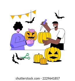 Making pumpkin crafts isolated cartoon vector illustrations. Happy couple prepare for Halloween celebration, handmade pumpkin decoration, friends having fun, october holidays vector cartoon.