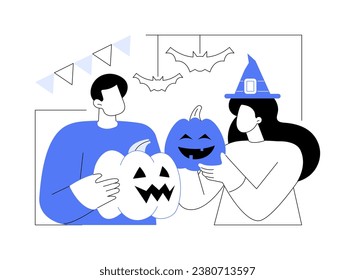 Making pumpkin crafts isolated cartoon vector illustrations. Happy couple prepare for Halloween celebration, handmade pumpkin decoration, friends having fun, october holidays vector cartoon.