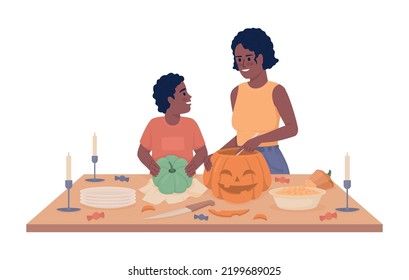 Making pumpkin lantern semi flat color vector characters. Editable figures. Full body people on white. Halloween preparations simple cartoon style illustration for web graphic design and animation