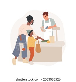 Making Purchase Isolated Cartoon Vector Illustration. Kid Put Groceries On The Register Belt, Helping Mom Shopping, Family Life, Paying For Purchase, Buying Food At Supermarket Cartoon Vector.