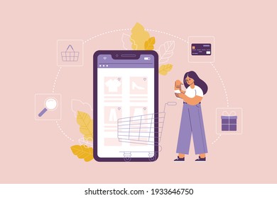 Making purchase in web store concept. Female cartoon character chooses goods in online marketplace puts it virtual basket pays with credit card. Delivery to buyer. Flat vector illustration