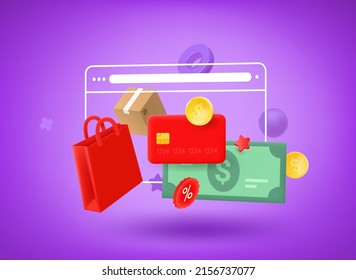 Realizar compras a través del navegador de Internet. Concepto de compras. 3.ª ilustración vectorial