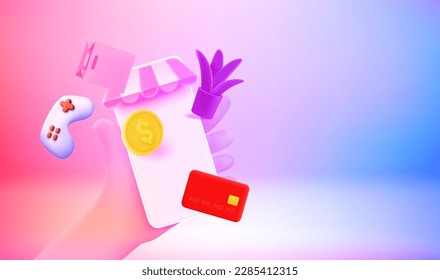 Making purchasing online concept. 3d vector banner with copy space