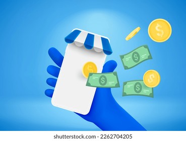 Compra el concepto online con un smartphone con mano. 3.ª ilustración vectorial