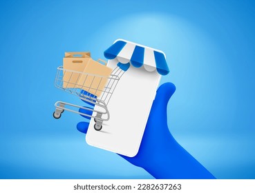 Making purchasing online concept with hand holding smartphone. 3d vector illustration