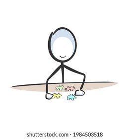 Haciendo rompecabezas. Matando piezas de sierra de jigné. Vector simple. Stickman no es caricatura de clipart. Dibujado a mano. Dibujo de Doodle, ilustración gráfica