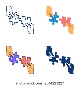 Making puzzle together icon set in flat and line style. Connection, teamwork, problem solving. Vector illustration