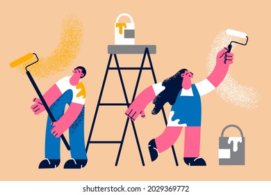 Making renovation in apartment concept. Young smiling happy couple man and woman cartoon characters standing holding paint brush rollers feeling positive vector illustration 