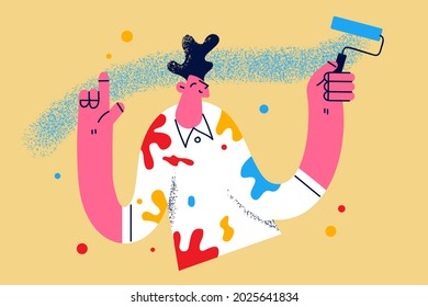 Making renovation and coloring walls concept. Young smiling man cartoon character standing holding paint brush roller in blue color in hand feeling positive vector illustration 