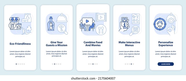 Making restaurant special light blue onboarding mobile app screen. Walkthrough 5 steps editable graphic instructions with linear concepts. UI, UX, GUI template. Myriad Pro-Bold, Regular fonts used