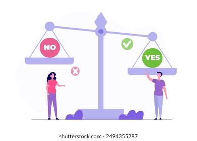 Making the right decision,  risk management concept. People standing next to large scales with 'No' and 'Yes' signs