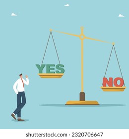 Making right and wrong business decisions, choosing alternative or choosing yes or no, pros and cons, moral choice concept, rational thinking, thinking businessman next to scales on which yes and no.
