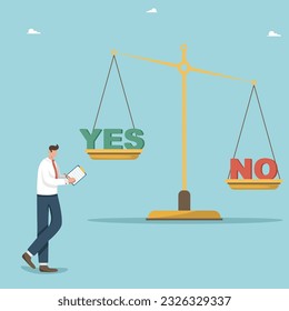 Making right and wrong business decisions, analyzing alternatives or choosing yes or no, deciding on the strategy or further business development plan, man next to the scales analyzes the choice.