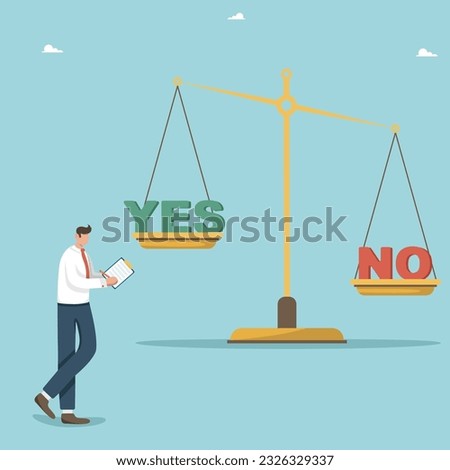 Making right and wrong business decisions, analyzing alternatives or choosing yes or no, deciding on the strategy or further business development plan, man next to the scales analyzes the choice.