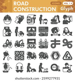 Making road symbols collection or sketches, construction theme bar in glyph style signs for web and app. Vector graphics isolated on white background