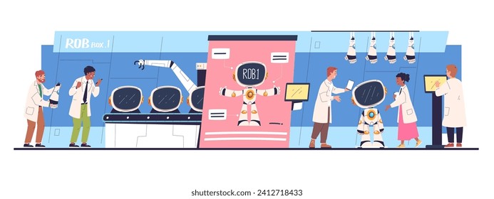 Making robot lab. Engineers build robots in science laboratory, bot invention development or hardware repair, software electronic computing computer tech vector illustration of lab robot science