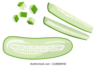 Making salad or cooking using cucumber, isolated chopped vegetable pieces and slices. Vegetarian and vegan diet, meal and nutrition for healthy living. Natural and organic product, vector in flat