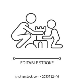 Making sandcastles linear icon. Develop child creativity. Enjoy summer vacation on beach. Thin line customizable illustration. Contour symbol. Vector isolated outline drawing. Editable stroke