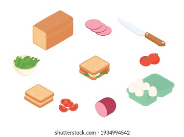 Making sandwich set. Isometric vector illustration in flat design. 