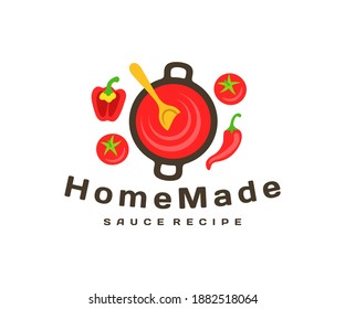 Making sauce, cooking sauce in a saucepan, logo design. Food, vegetables, tomatoes, spicy pepper, hot pepper and bell pepper, vector design and illustration