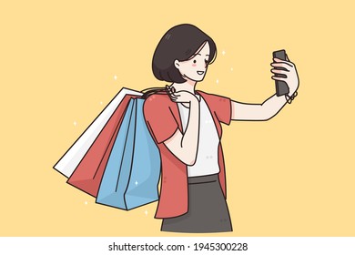 Making selfie, online communication concept. Young smiling female cartoon character standing making selfie on smartphone after shopping vector illustration 