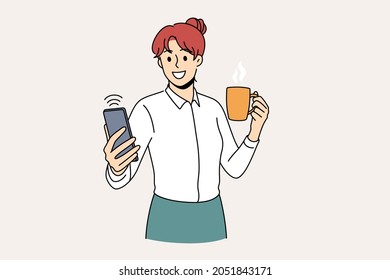 Making selfie and technologies concept. Young smiling woman office worker cartoon character standing holding cup oh hot drink making selfie on camera vector illustration 