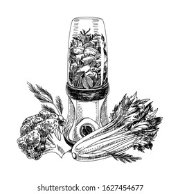 Making smoothie with blender, retro hand drawn vector illustration. Broccoli, celery and various vegetables for preparation juice, vintage-style sketch on white background.